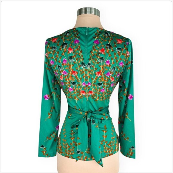 Travona Italy Vintage Green Colorful Floral Wrap Tie Waist Top Blouse Retro 44 - Picture 3 of 5
